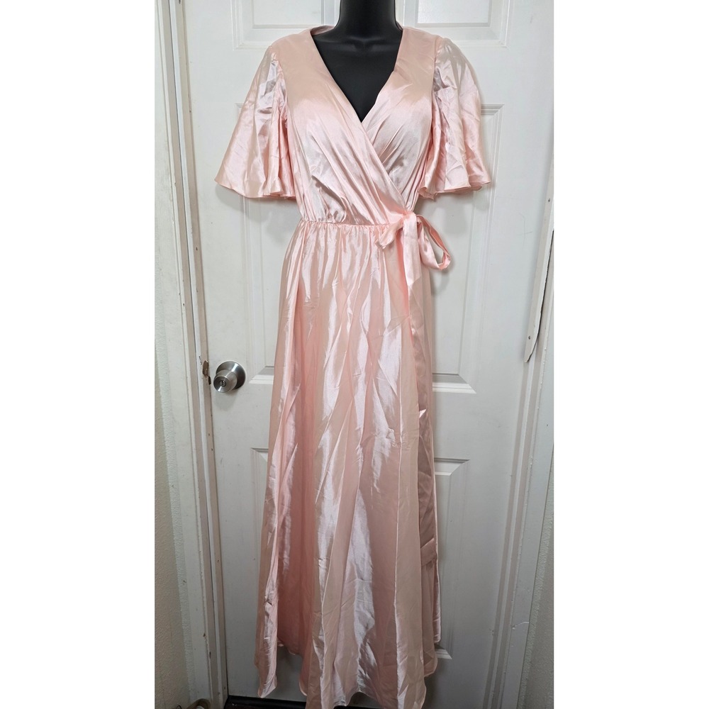 Hebeos Satin Wrap Maxi Dress Womens 4‎ Pink Flutter Sleeve Formal Gown Evening